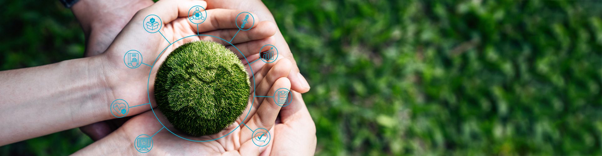 Many hands holding a ball of grass with icons surrounding it