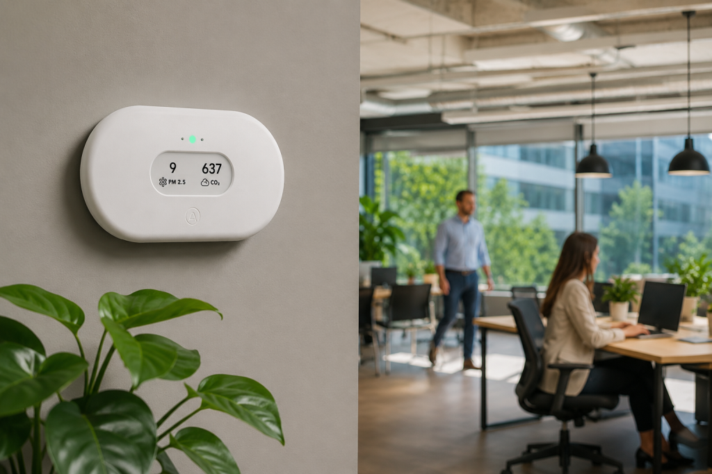 Indoor air quality monitor connected to commercial HVAC systems in an office