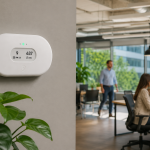 Indoor air quality monitor connected to commercial HVAC systems in an office