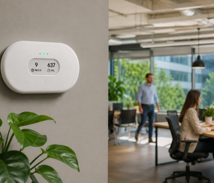 Indoor air quality monitor connected to commercial HVAC systems in an office